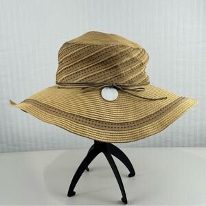 Hat Stuff Elegant Tan Paper Sun Hat with Brown Ribbon Accents Beach Resortwear